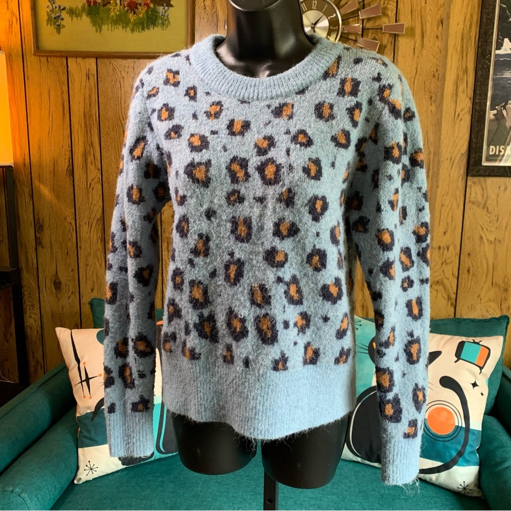 Woven Heart Fuzzy Blue Leopard Print Sweater